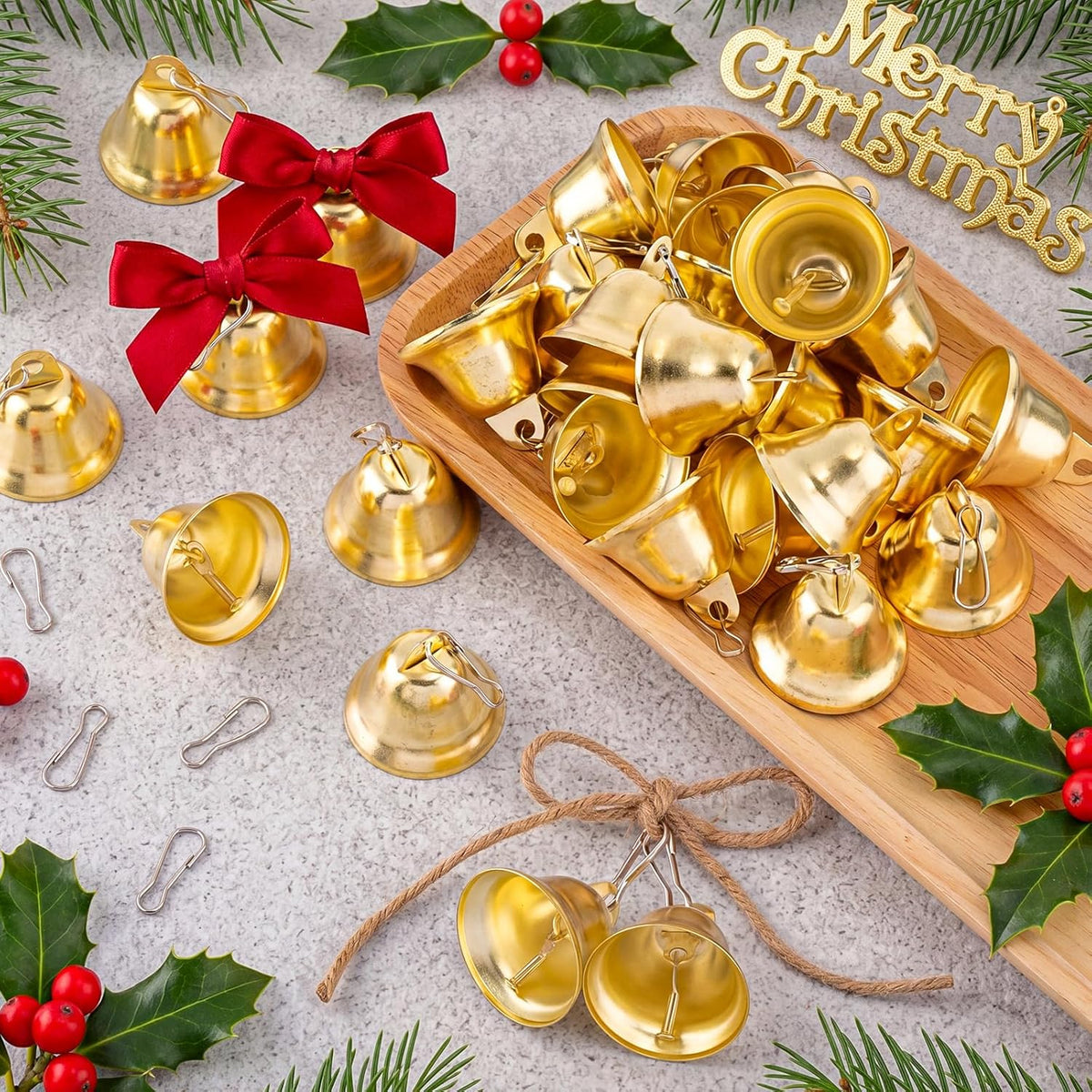 Gejoy 60 Pieces Small Brass Bells with Spring Hooks,Gold | Vintage Mini for Wind Chimes, Dog Training Doorbell, Wedding