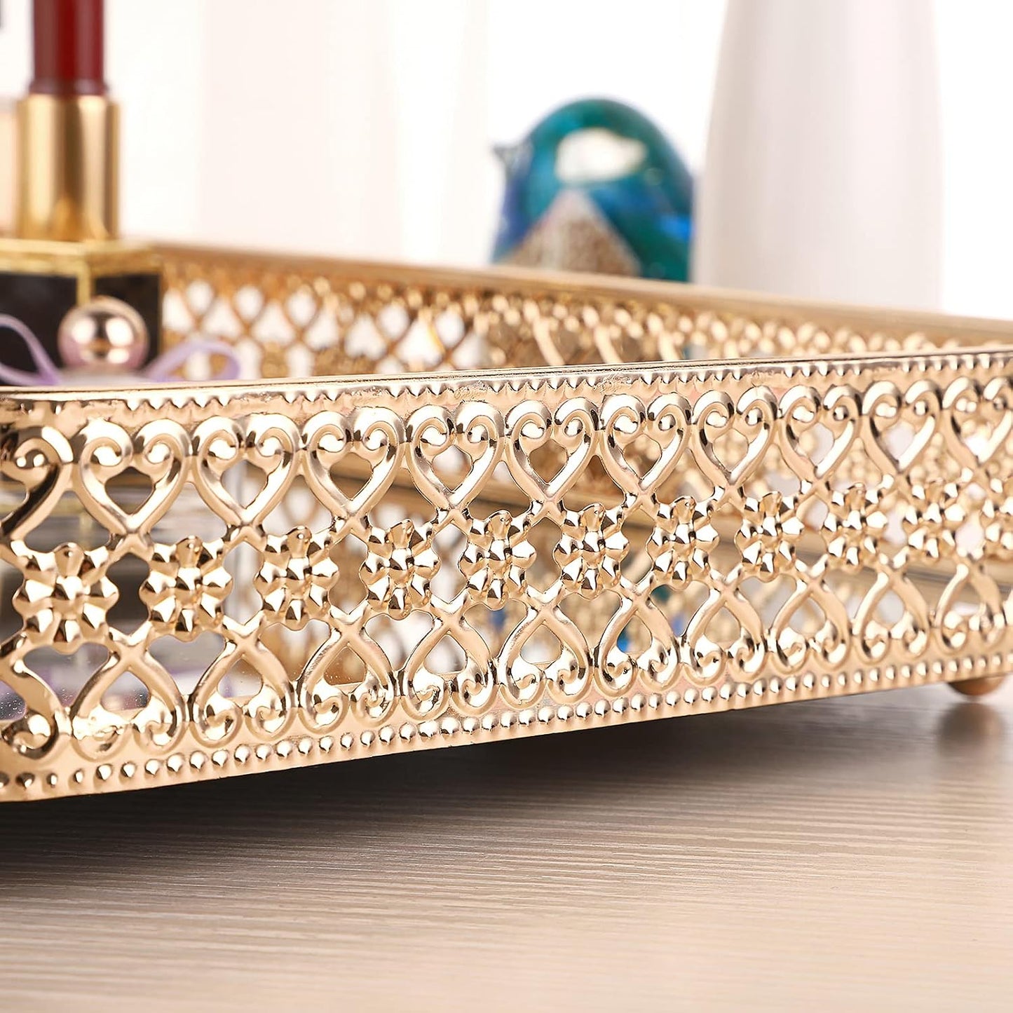 Glass & Metal Trinket Organizer for Dresser & / Gold / 11.8 x 7.9 x 2