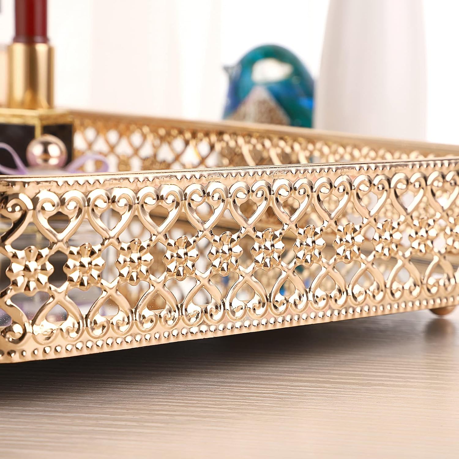 Glass & Metal Trinket Organizer for Dresser & / Gold / 11.8 x 7.9 x 2