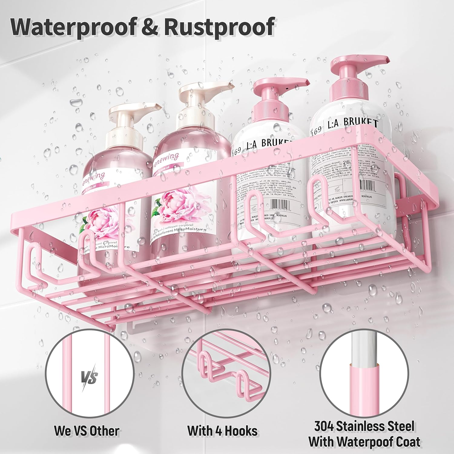Adhesive Bathroom Wall Storage Basket Rustproof / Pink / Set of 5
