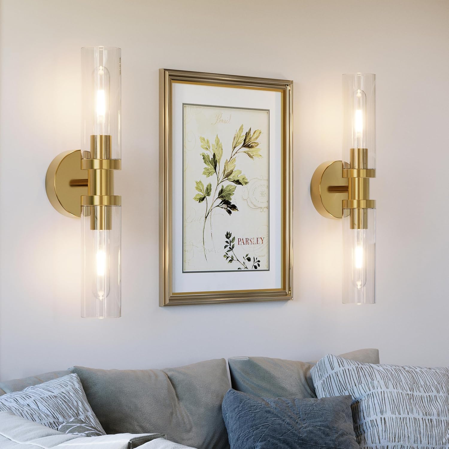 Battery Operated Wall Sconces, Wall Lights, Gold, 16.5 Inch, Easy Install | Glass Dimmable Wireless Rechargeable