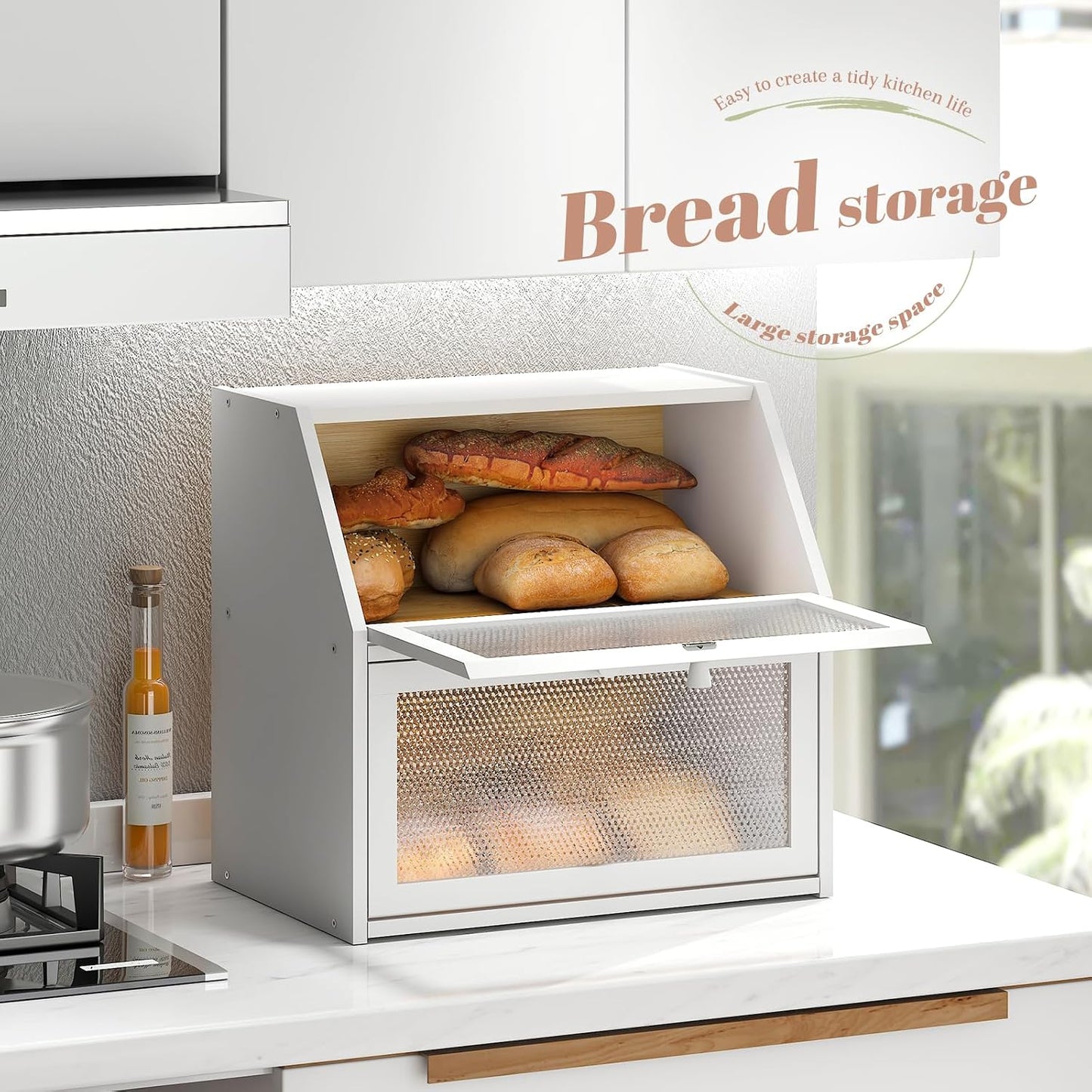 STDDRE Bread Box for Kitchen Countertop Bin Double Layer Bread Box Storage Container Extra Large Capacity with Diamond