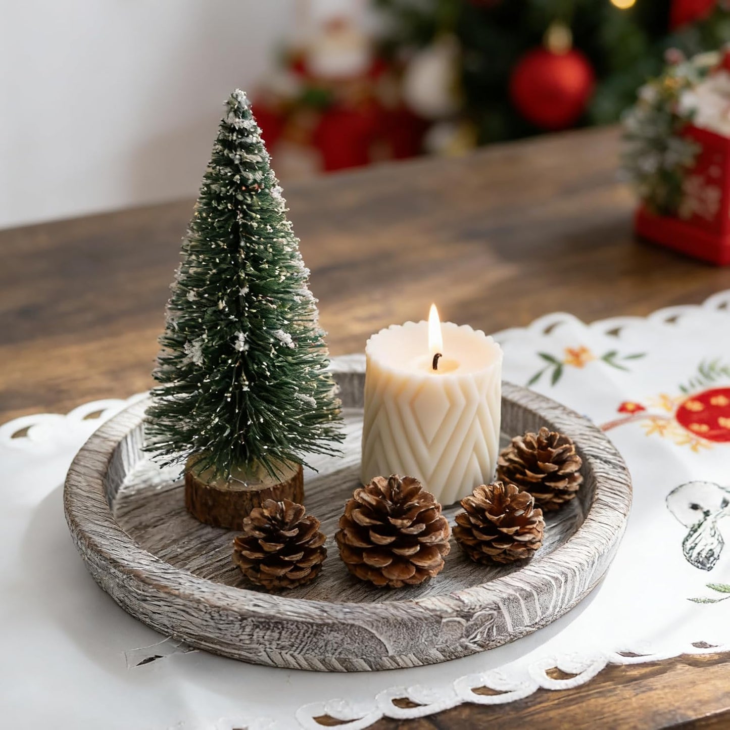 Round Wood Decorative Candle Plate / Whitewash