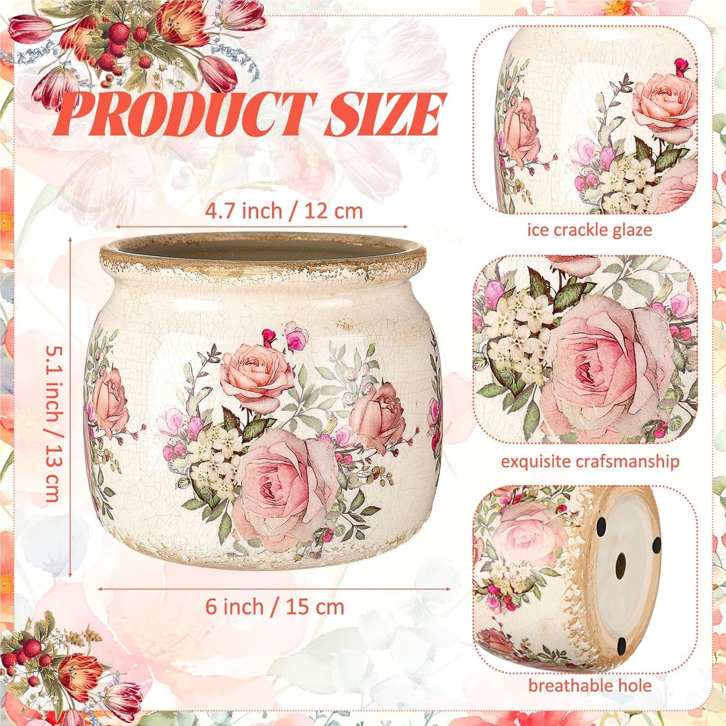 Vintage Planter Large Ceramic Plants Pot Ice Crack Cottage Scroll Vase / European Rose / Beige Pink