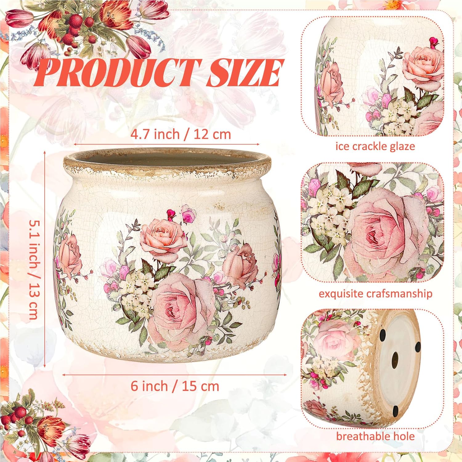 Vintage Planter Large Ceramic Plants Pot Ice Crack Cottage Scroll Vase / European Rose / Beige Pink