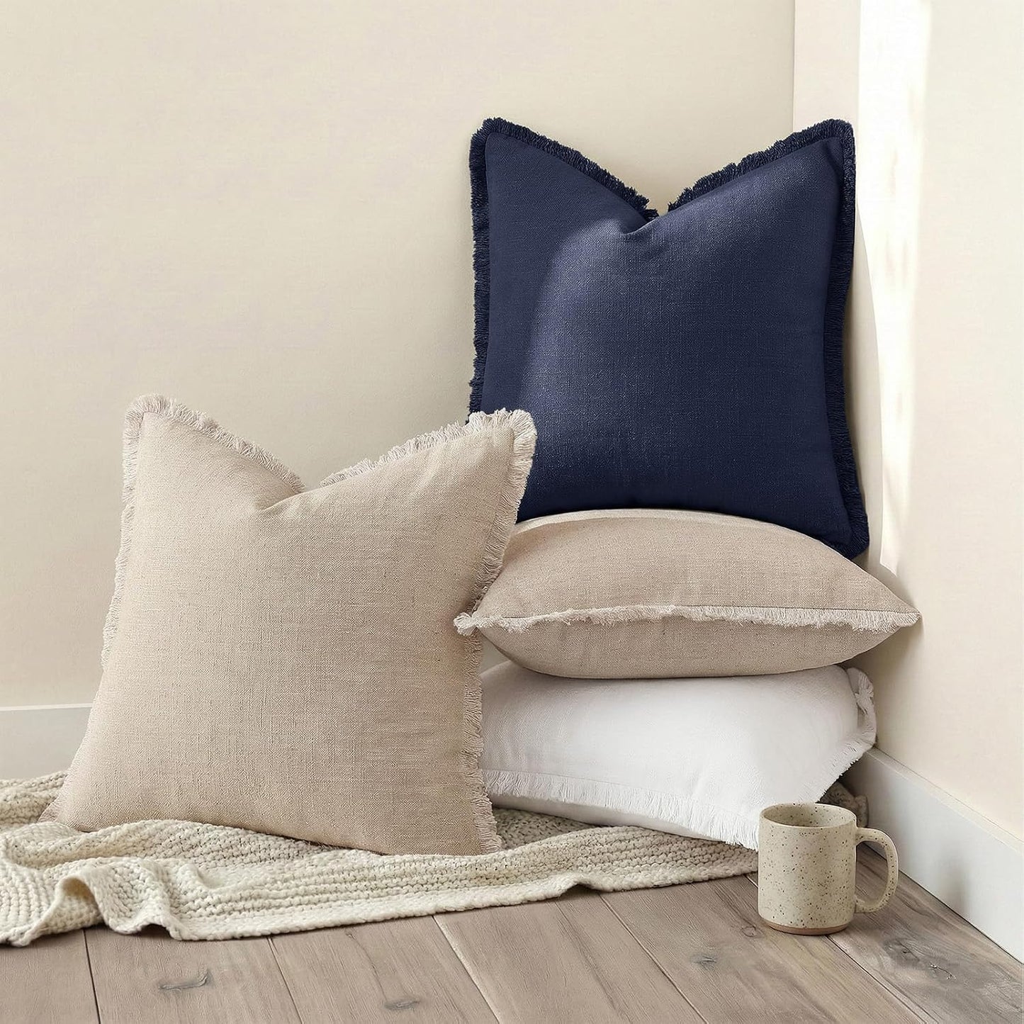 Summer Decorative Neutral Linen Fringe Throw Pillow Covers Pillow / Black / 18 x 18 / Set of 2