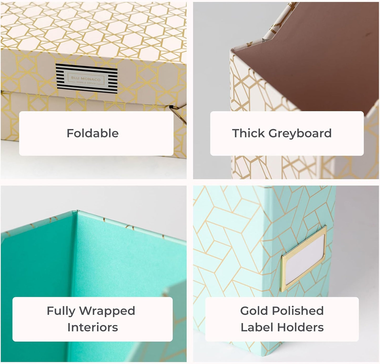 BLU MONACO | Set of 4 Foldable Pink & Aqua Magazine File Holders with Gold Geometric Patterns | Vertical File Organizer
