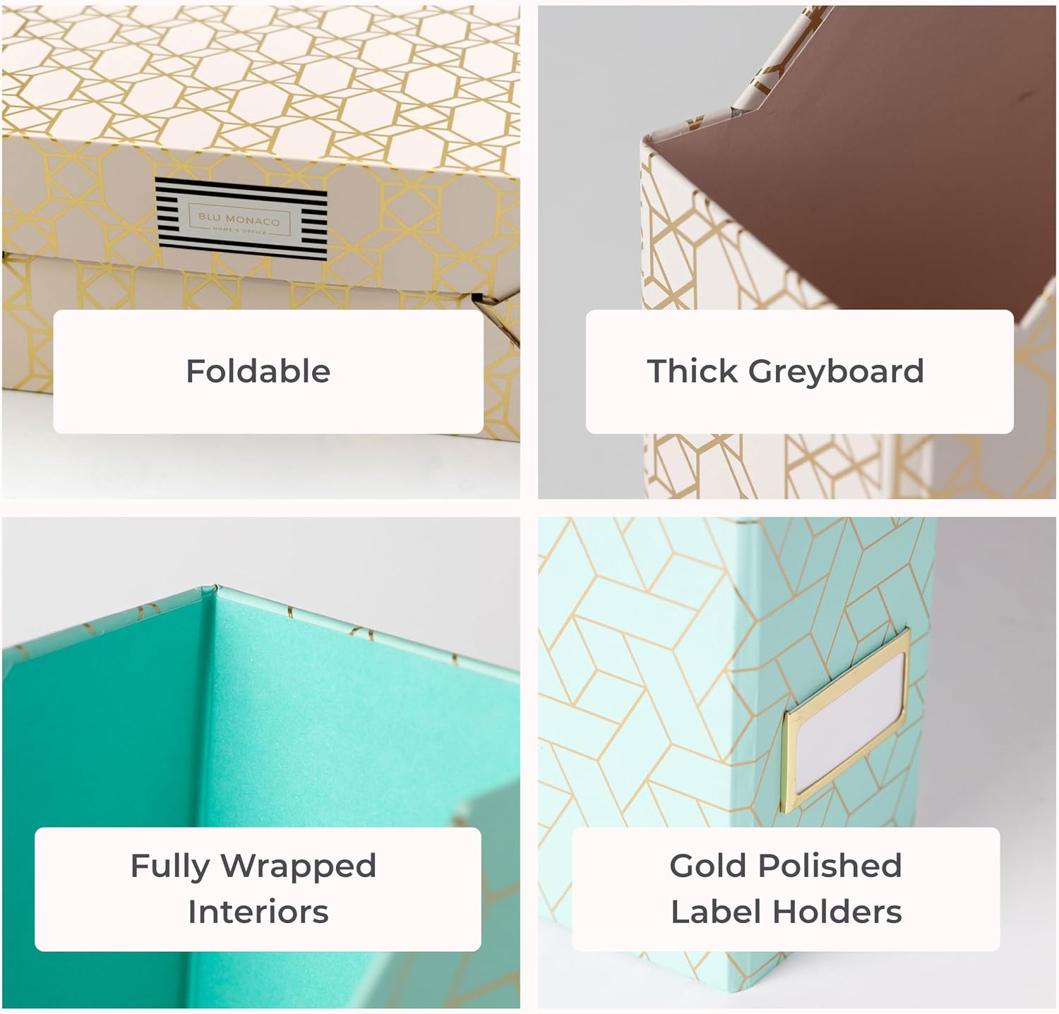 BLU MONACO | Set of 4 Foldable Pink & Aqua Magazine File Holders with Gold Geometric Patterns | Vertical File Organizer
