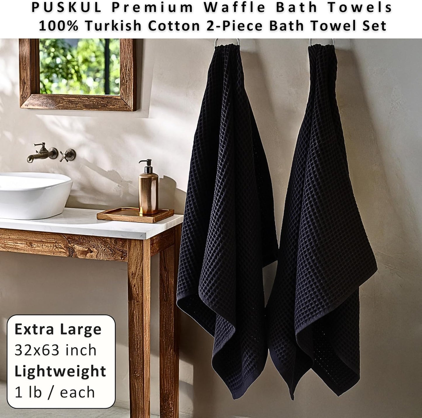 PÜSKÜL Natural 100% Turkish Cotton Waffle Bath Towels Set of 2, Extra-Large | Black, Oversize 32x63" Bath sheet towel