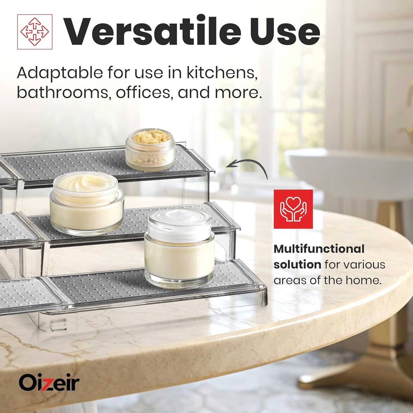 Oizeir 3-Tier Expandable Spice Rack Organizer for Cabinet, Clear | Expandable Plastic Spice Rack Organizer, Adjustable