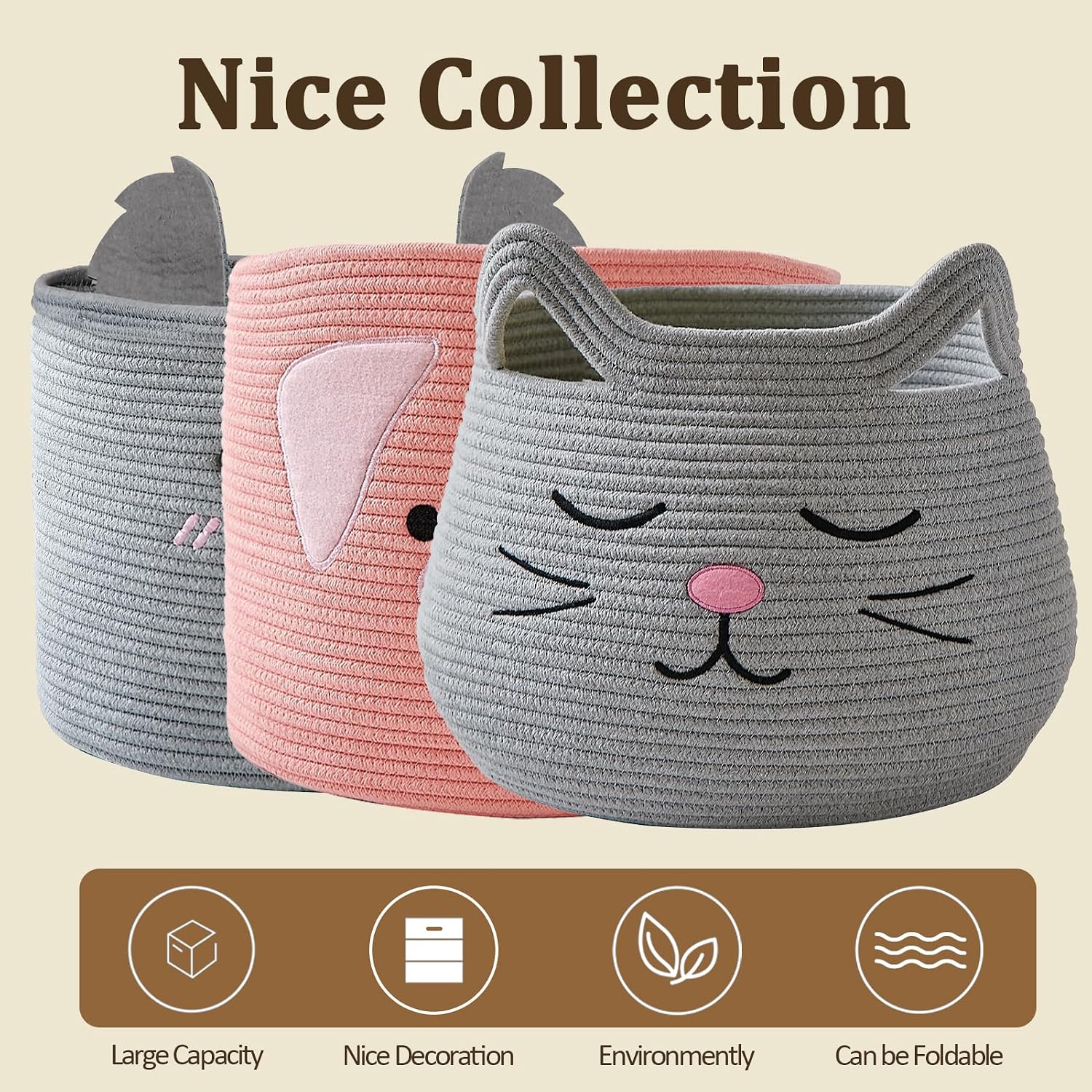 Animal Baskets Large Woven Cotton Rope Storage / Grey / Cute Grey Cat