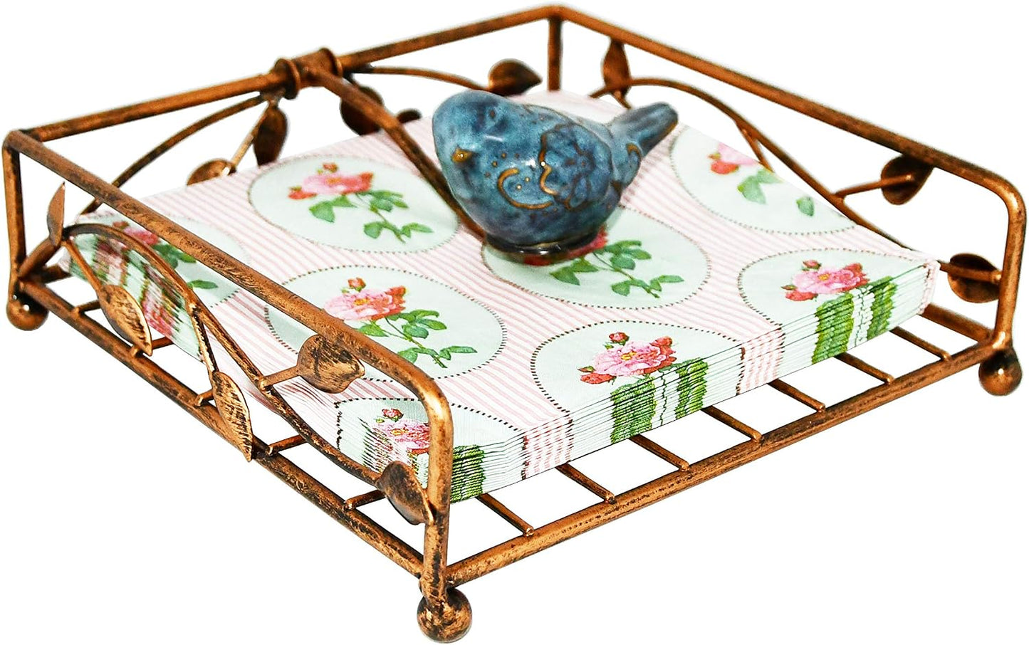 Collection Coated Metal Flat Napkin Holder Dispensing Stand w/Ceramic Bird / Bronze / One Size
