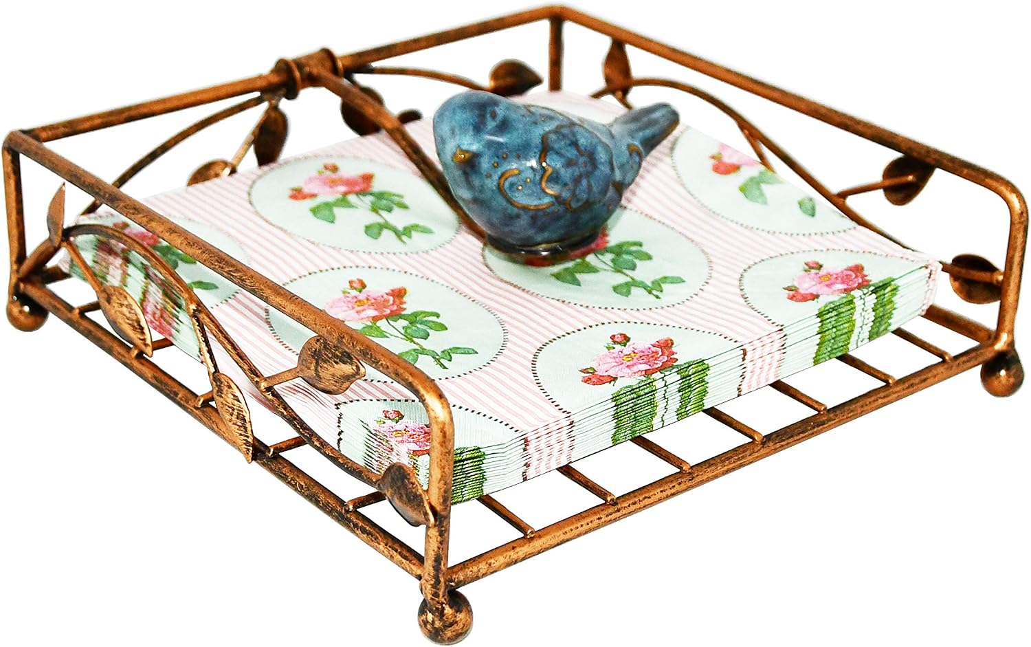 Collection Coated Metal Flat Napkin Holder Dispensing Stand w/Ceramic Bird / Bronze / One Size