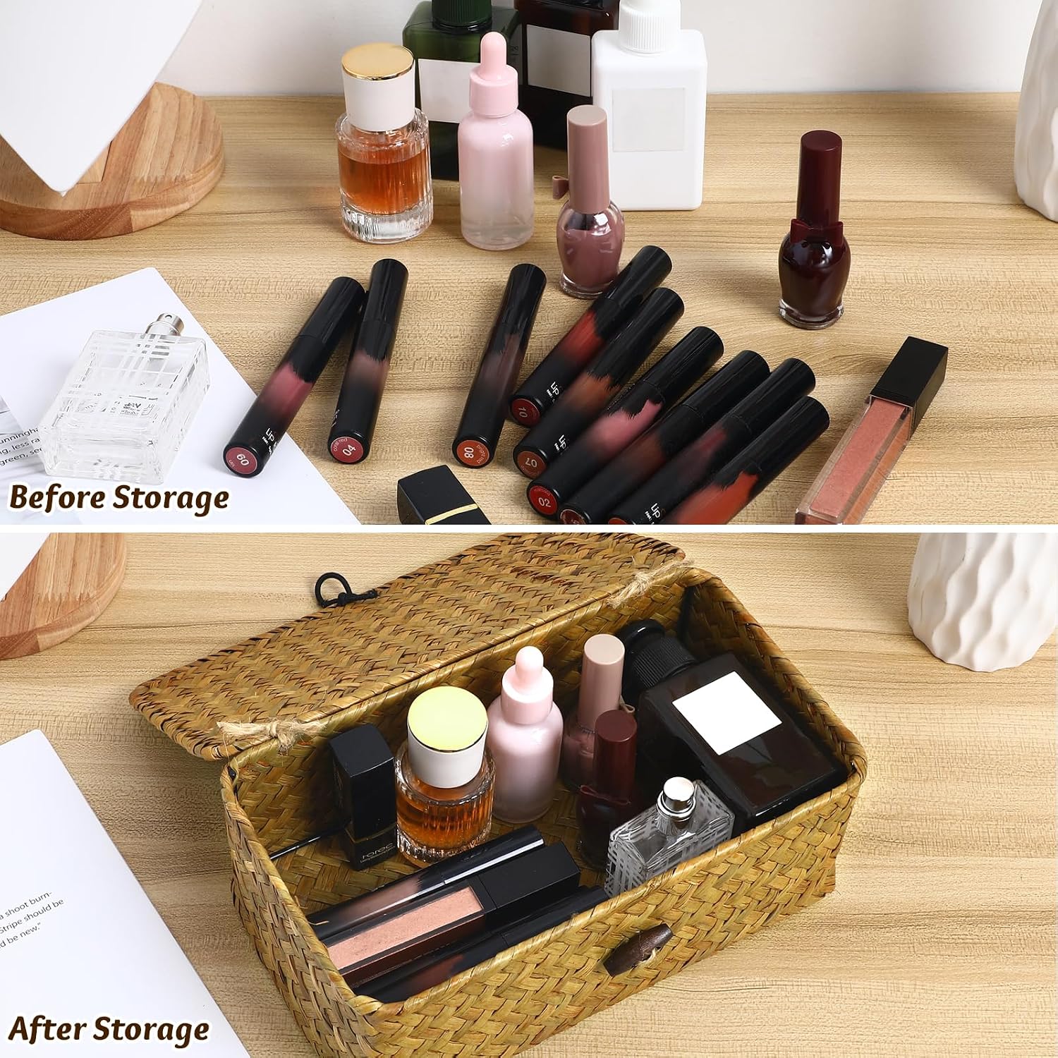 Seagrass Storage Woven Basket Straw Desktop Rattan Hand- Woven Storage Basket / 23 x 13 x 8 / S: CM