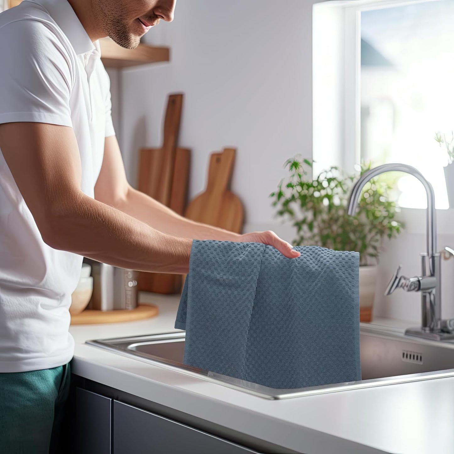 COTTON CRAFT Amazing Kitchen Towel - 12 Pack 100% Cotton Waffle Terry Towel | Blue - 16x28 inch Euro Café Waffle Weave