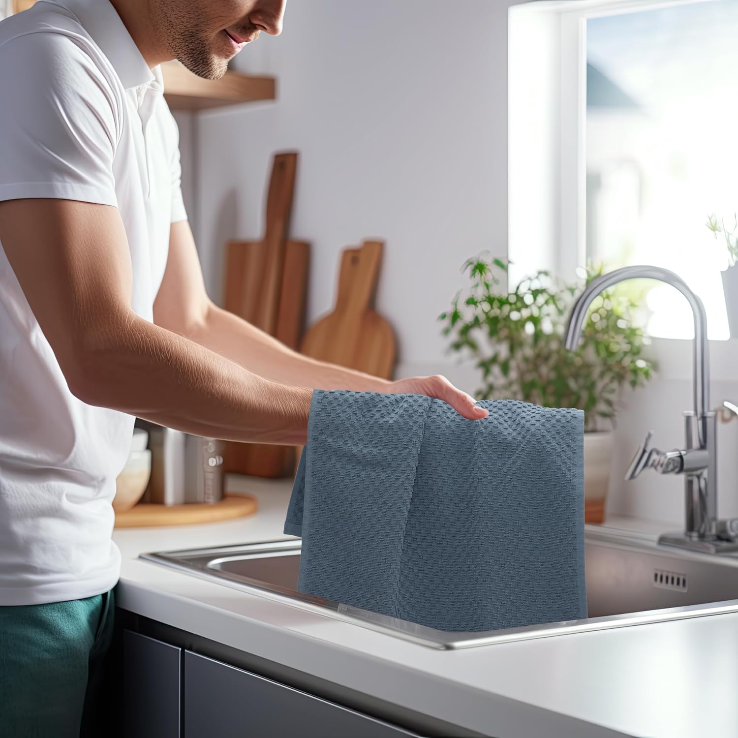 COTTON CRAFT Amazing Kitchen Towel - 12 Pack 100% Cotton Waffle Terry Towel | Blue - 16x28 inch Euro Café Waffle Weave