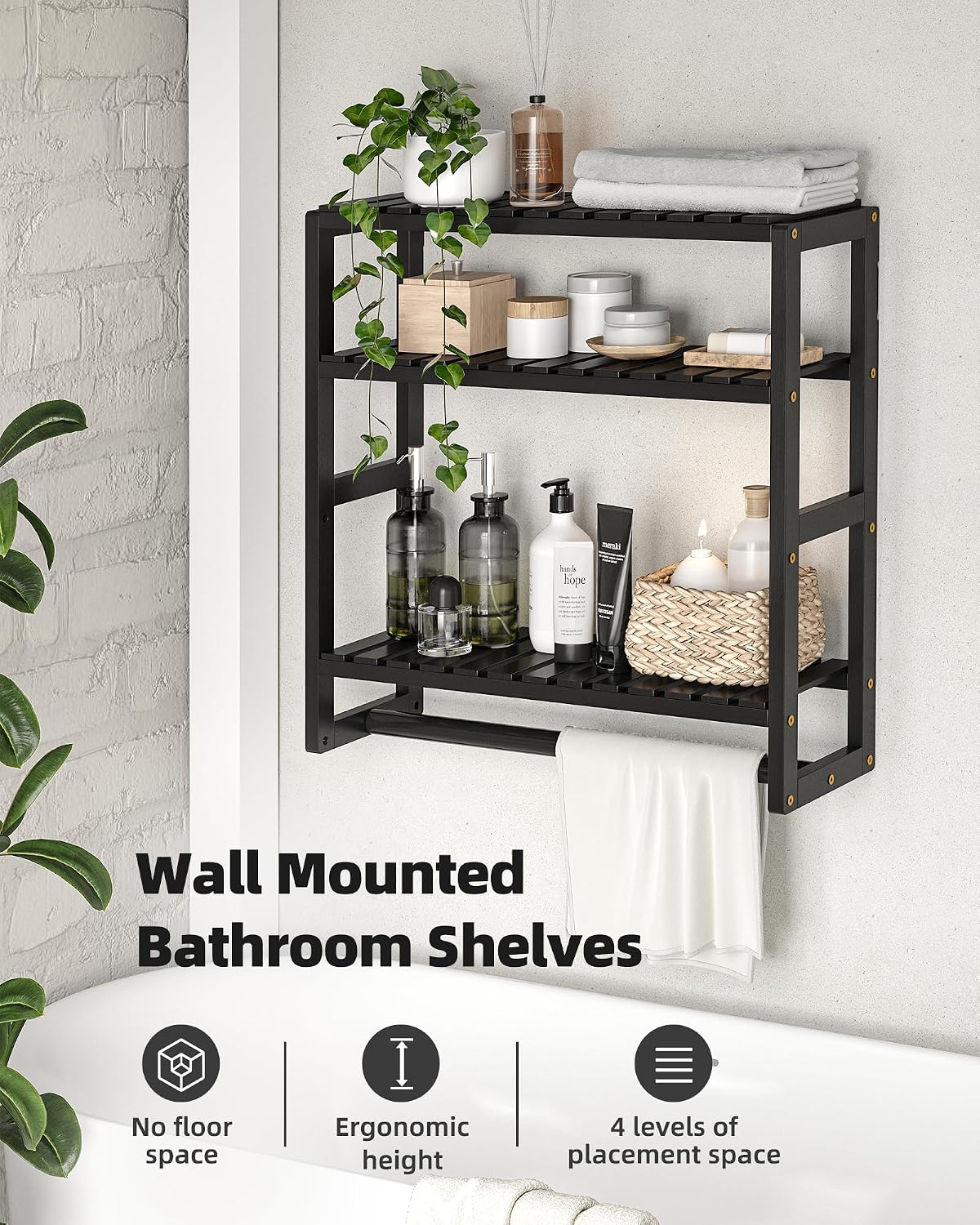 Galood Over The Toilet Storage Bathroom Shelves Wall Mounted 3 Tier Black | Space Saver Corner Shelf Organizer Bamboo