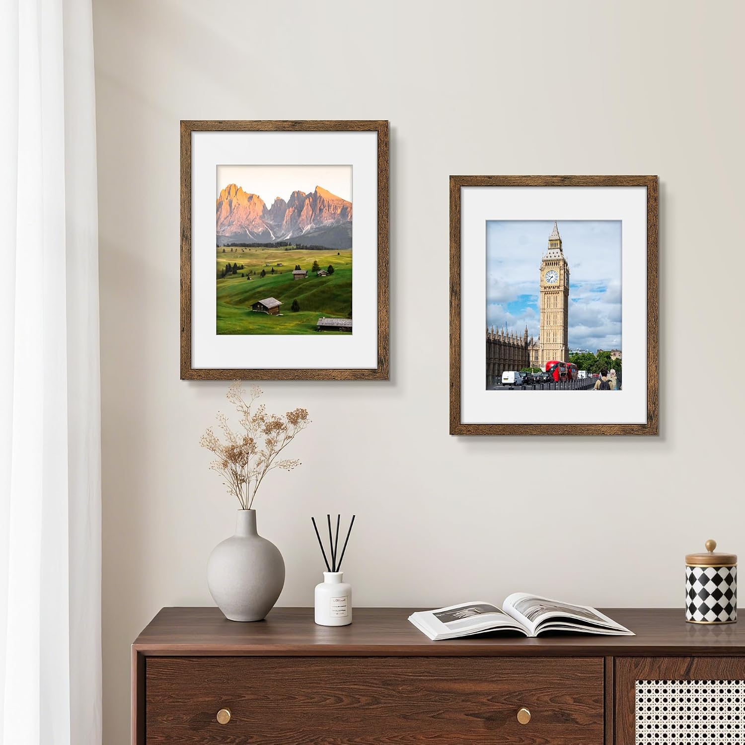 11x14 Picture Frame Set of 6, Wall or Tabletop Display, Rustic Brown | Display Pictures 8x10 with Mat or 11x14 without