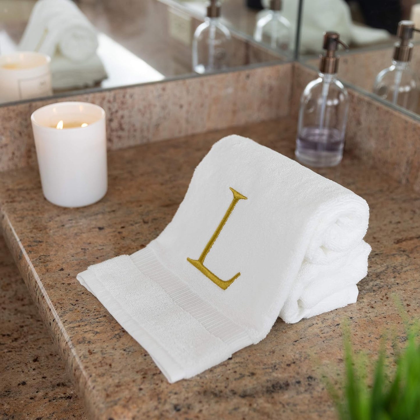White with Gold Monogrammed Hand Towels for Bathroom - Set of 2 Letter L | Luxury Hotel Quality Initial Towels For