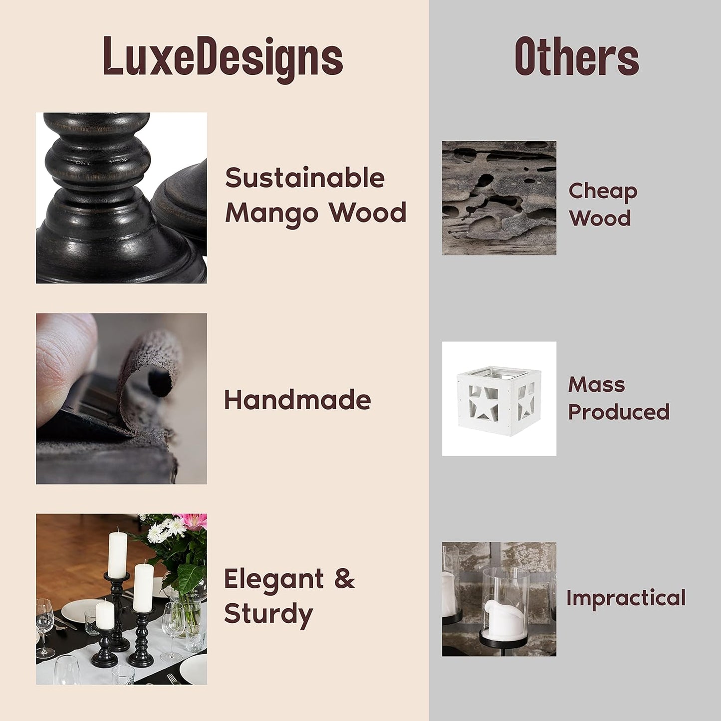 Large Candle Holders for Pillar Candles - Decorative Rustic Centerpiece Pillars Compatible with Battery-Operated