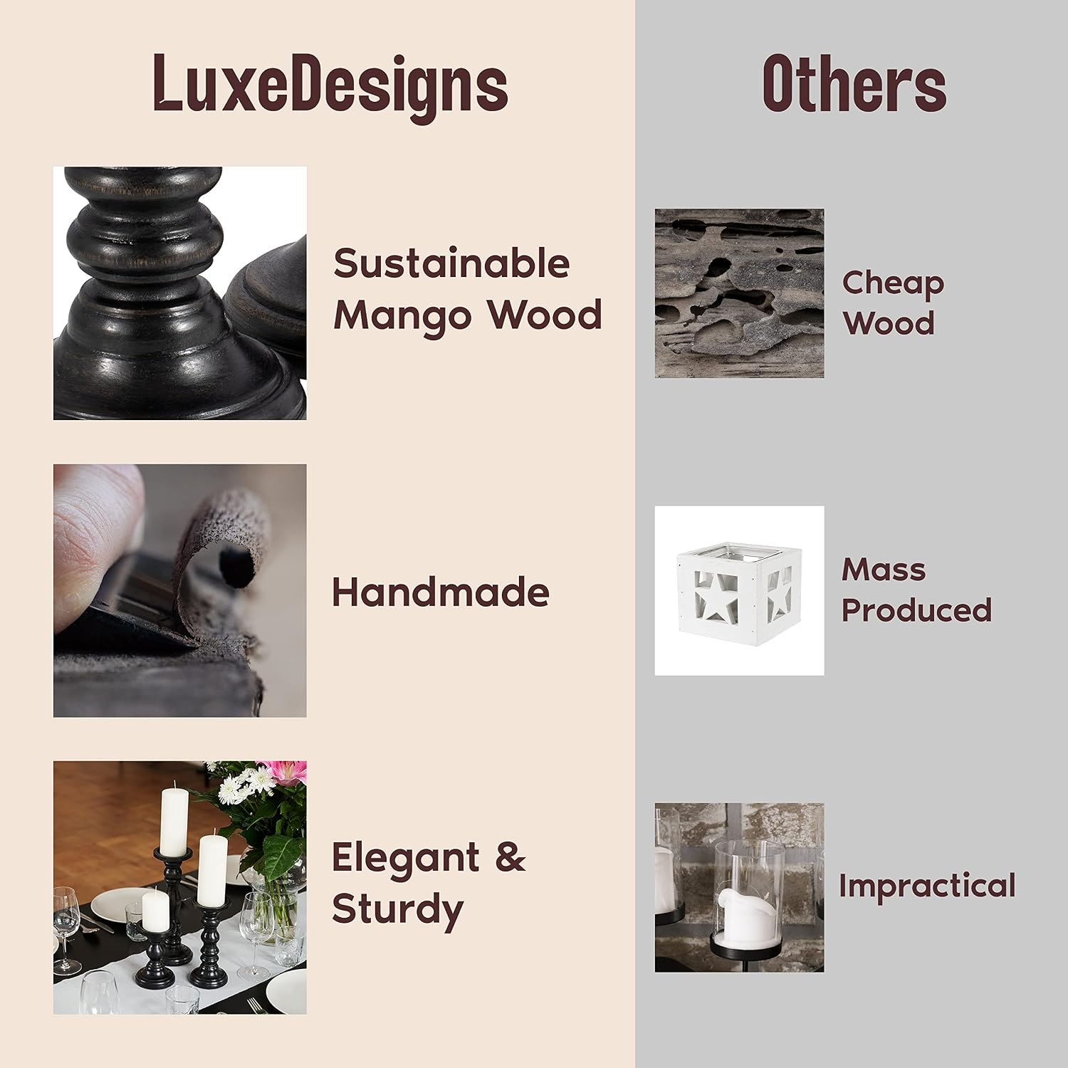 Large Candle Holders for Pillar Candles - Decorative Rustic Centerpiece Pillars Compatible with Battery-Operated