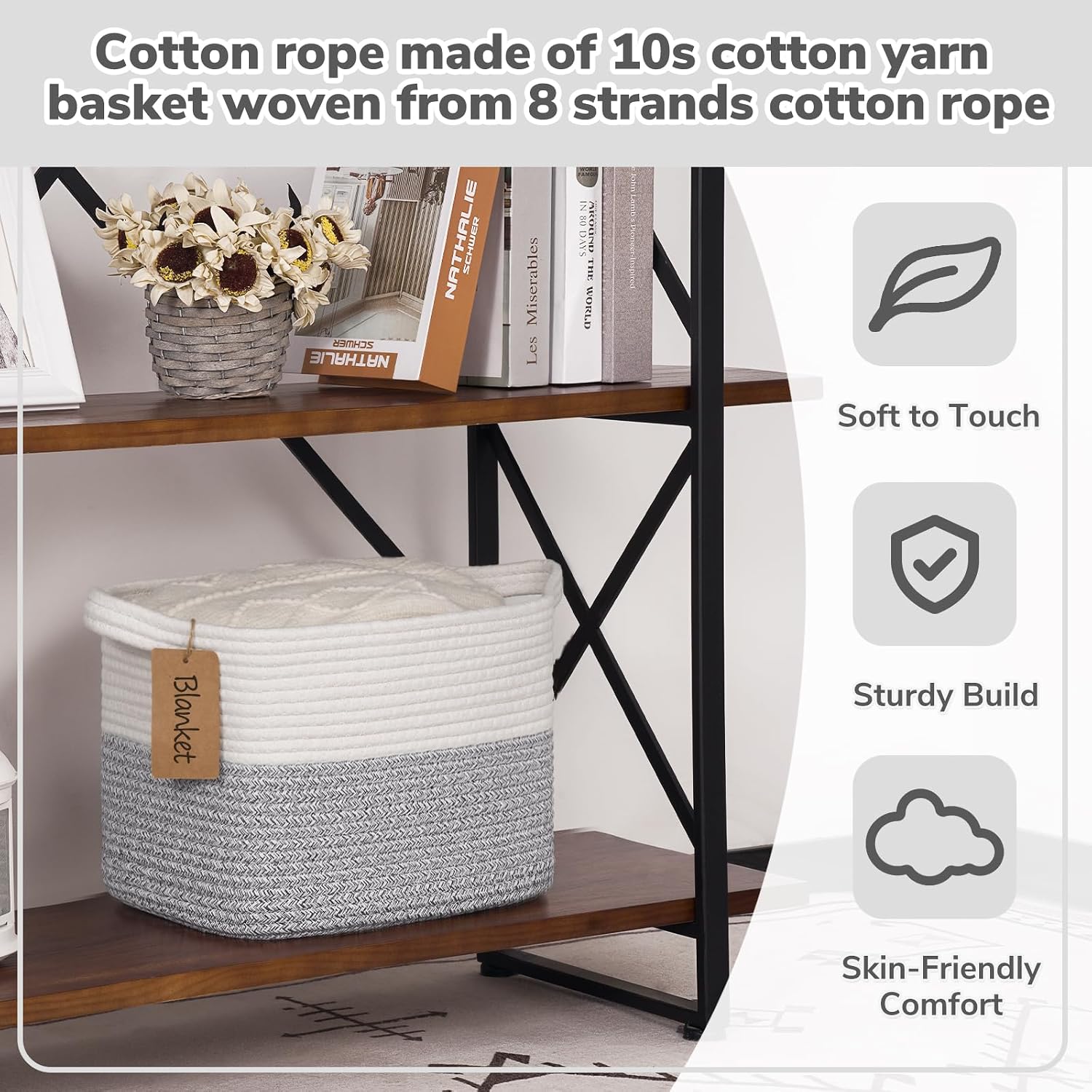 Woven Storage Basket / Light Grey / 13"L x 10"W x 9"H