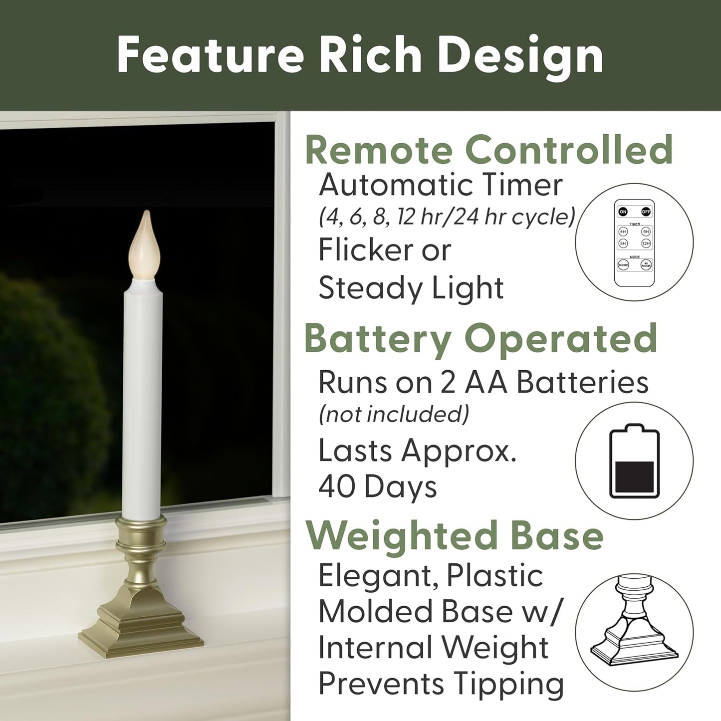 Bright White LED Battery Operated Window Candles Remote Control | Adjustable Timer, Flicker or Steady Light, Weighted