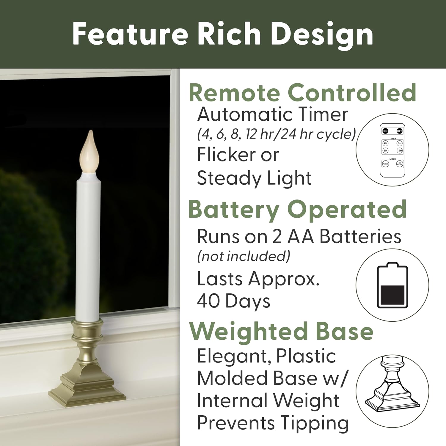 Bright White LED Battery Operated Window Candles Remote Control | Adjustable Timer, Flicker or Steady Light, Weighted