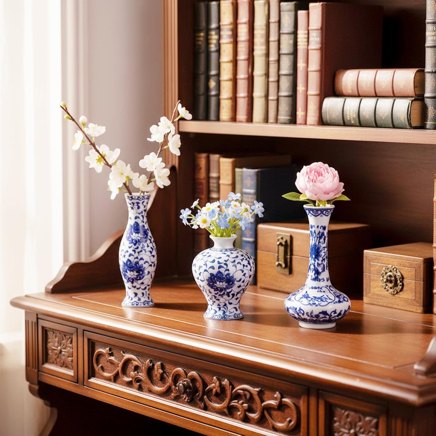 Ceramic Flower Vases / Blue & White Porcelain Set / Set of 3
