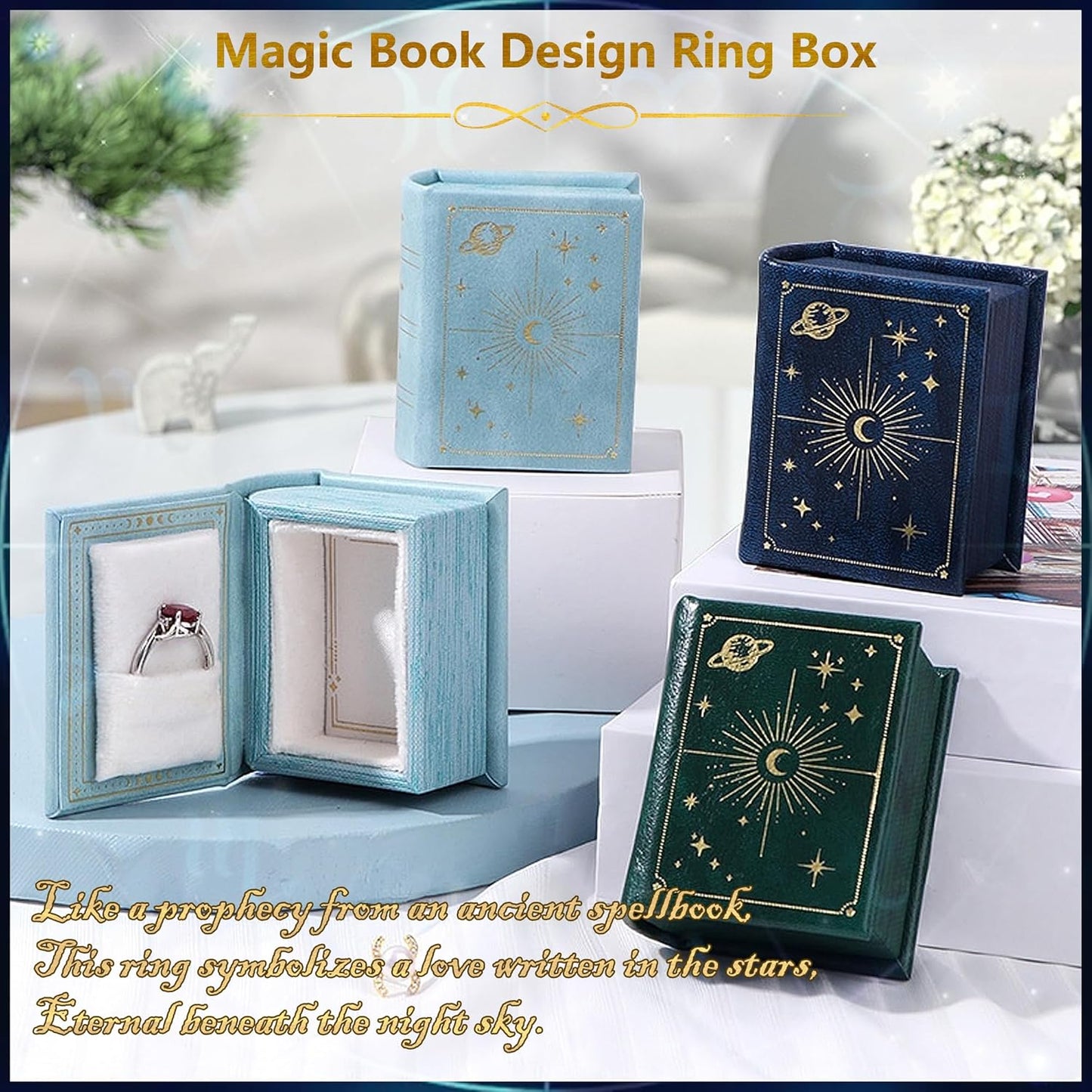 Vintage Magic Book-Shaped Ring Box Starry Sky Pattern PU Leather / Blue