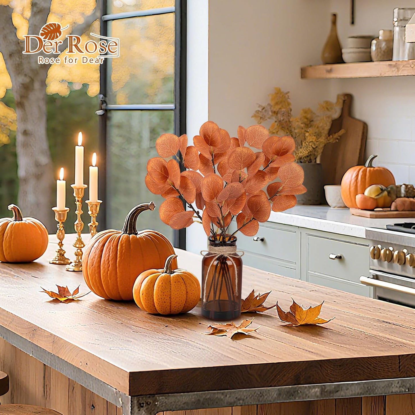 13.5" Fake Plants for Fall Bathroom Decor Autumn Artificial Eucalyptus Stems in Glass Vase / Amber