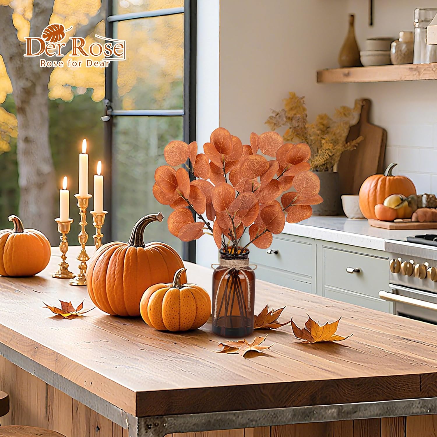 13.5" Fake Plants for Fall Bathroom Decor Autumn Artificial Eucalyptus Stems in Glass Vase / Amber