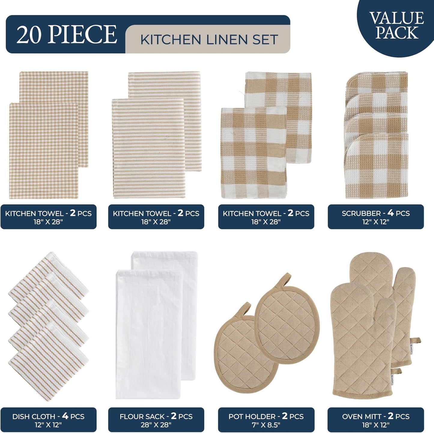 LANE LINEN 20 Piece Kitchen Linen Set - Soft Absorbent Cotton Dish Towels, Reusable Terry Dish Cloths, Flour Sack