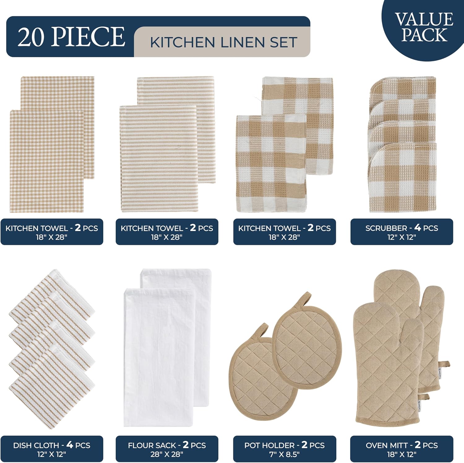LANE LINEN 20 Piece Kitchen Linen Set - Soft Absorbent Cotton Dish Towels, Reusable Terry Dish Cloths, Flour Sack