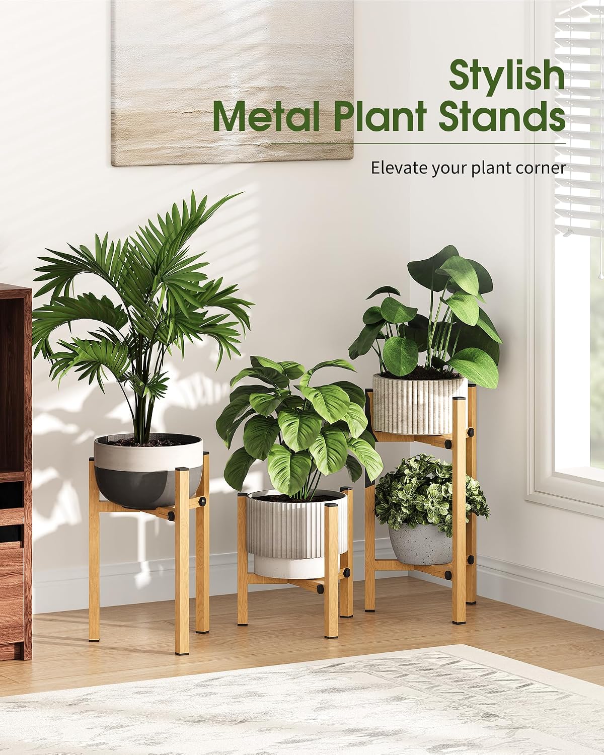 3 Pack Plant Stand Indoor Adjustable, Metal Modern Indoor Plant Stand, Heavy Duty Single Plant Stands Outdoor Corner