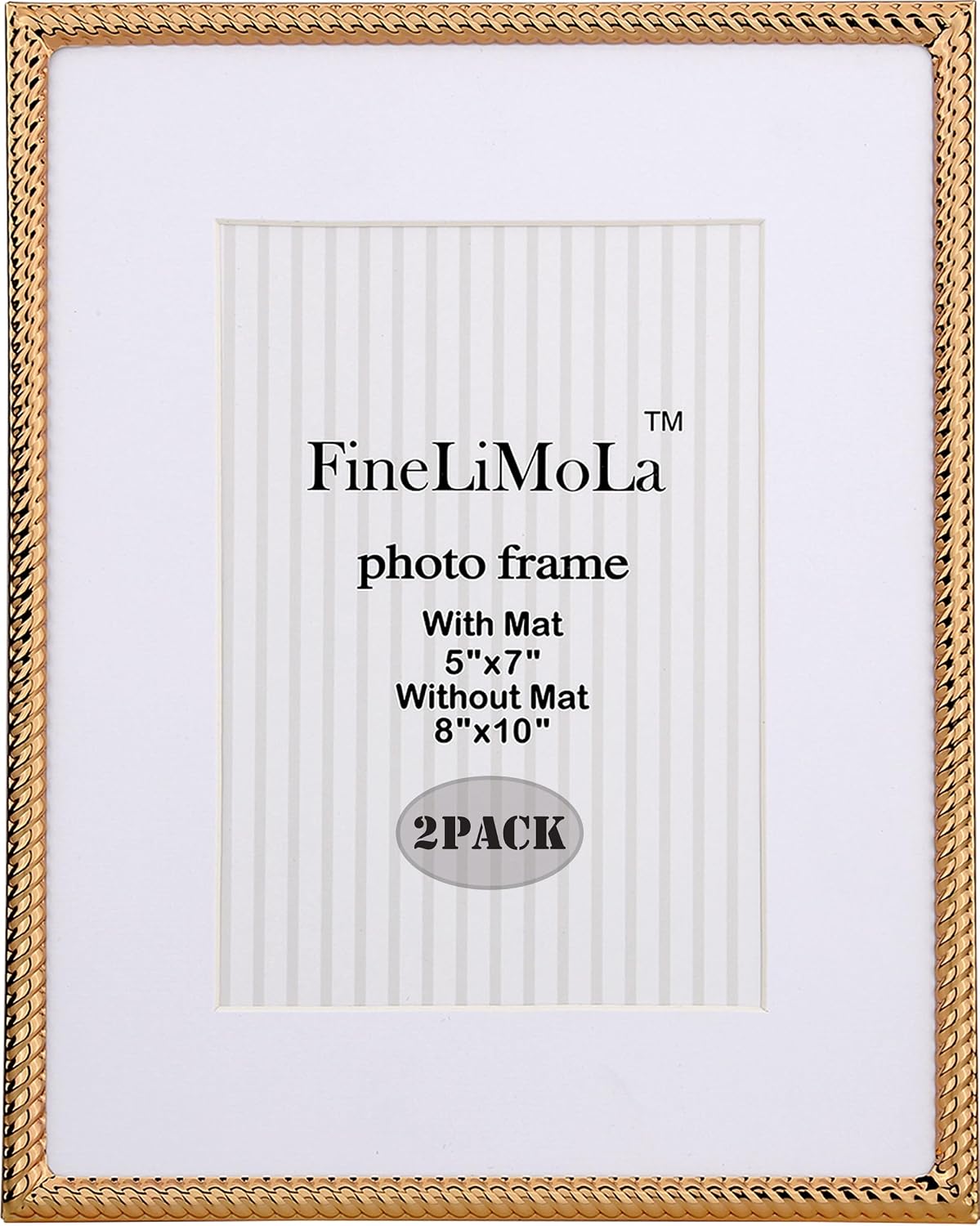 8x10'' Gold Rope Design Metal Picture Frames With Acid Free Mat for 5x7'' 2 Pack, Gold Photo Frame 7x5'' for Desktop