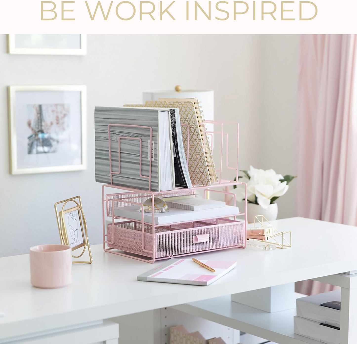 BLU MONACO | Pink Desk Organizer with Drawer | Wire Mesh Desk Organizer File Sorter | Metal Desktop Storage for Office