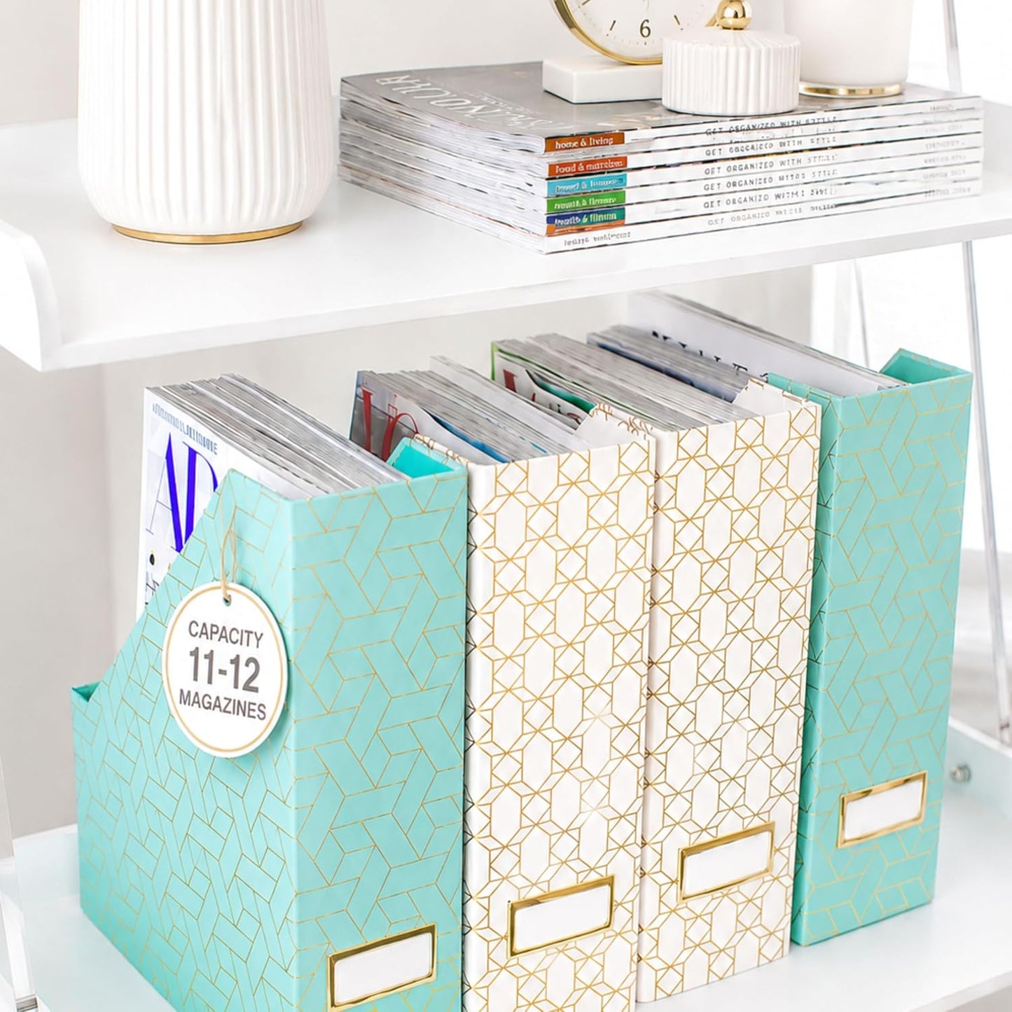 BLU MONACO | Set of 4 Foldable Pink & Aqua Magazine File Holders with Gold Geometric Patterns | Vertical File Organizer