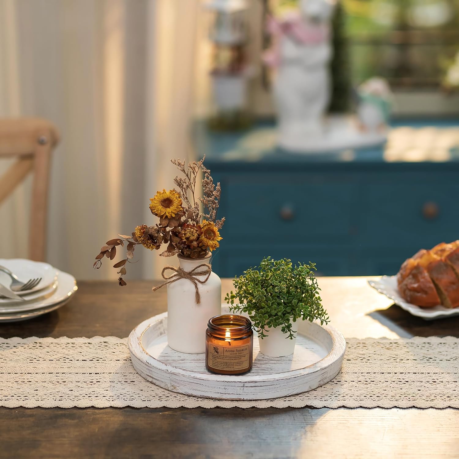 Round Wood Decorative Candle Plate / White Rustic