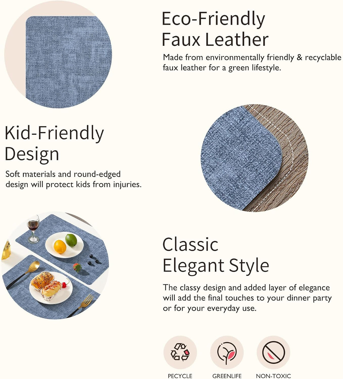 Maxpearl Faux Leather Placemats Set of 8, Easy to Clean, Blue | Waterproof - Heat Resistant - Non Slip - Wipe Clean