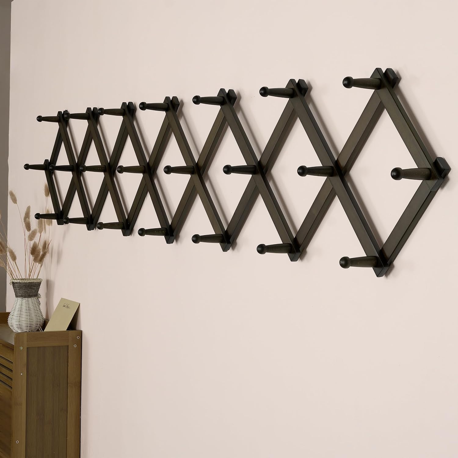 SKOLOO Accordion Wall Hanger with 22 Hooks, Modern Expandable Coat Rack Hat Rack for Wall, Solid Wooden, Dark Walnut