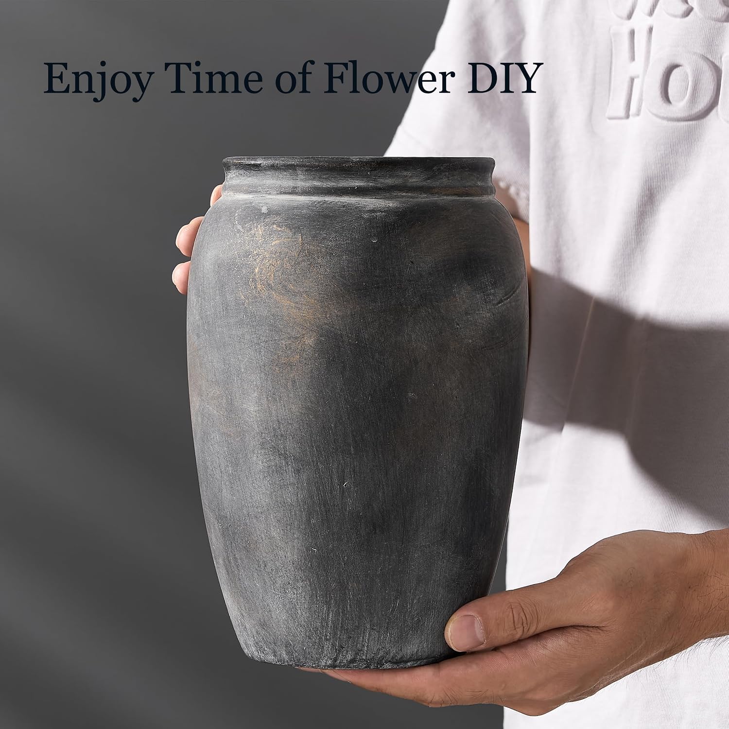 Ceramic Terracotta Rustic Vase Home Decor Farmhouse Decorative Vase / Black Bronze- 8.2 / 8.2 Inch