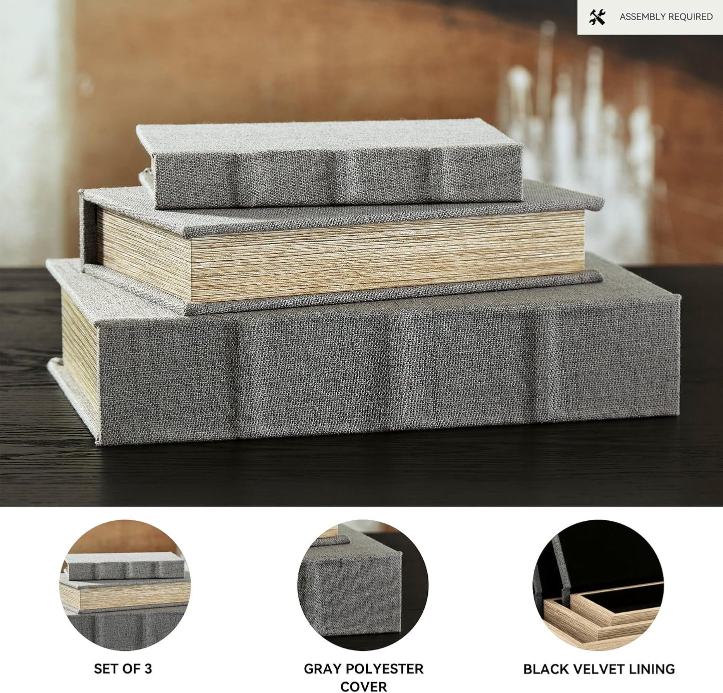 Jolina Vintage 3 Piece Faux Book Keepsake Storage Box Set / Gray