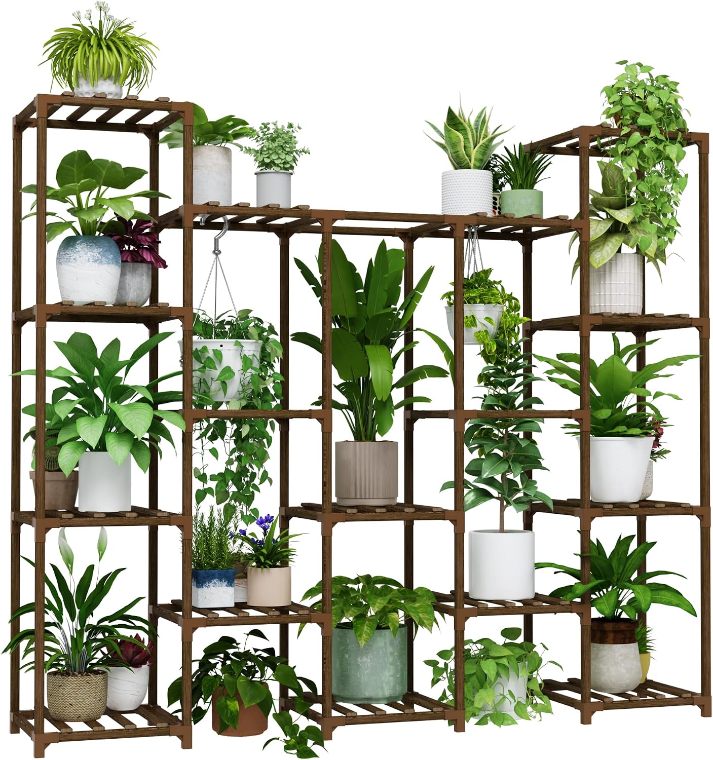 Bamworld Large Hanging Plant Stand Indoor Tall Plant Shelf Outdoor 14 Pots | Large Plant Rack for Living Room Patio