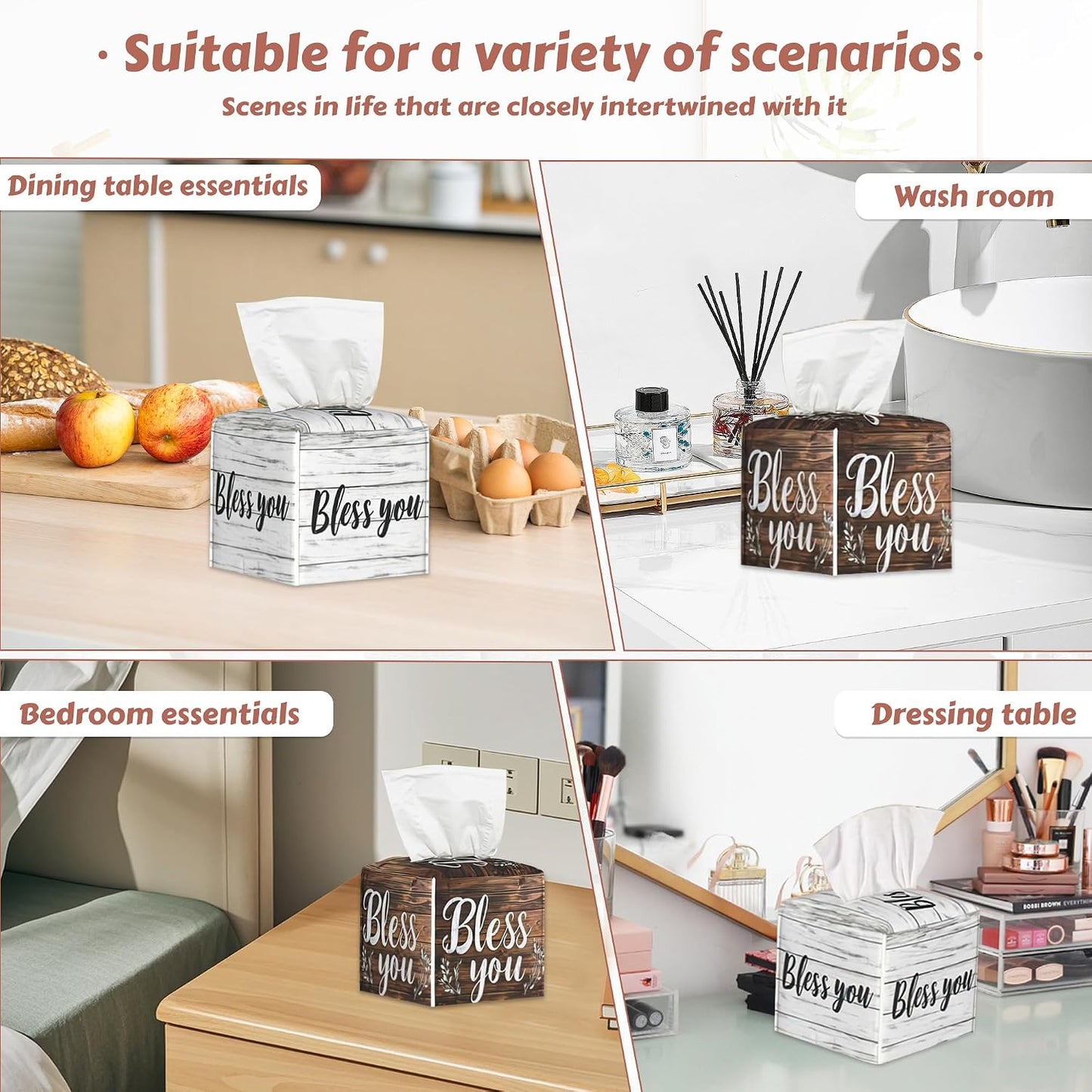 Tissue Box Holder Leather Facial Paper Case Modern Home Decoration / Bless You Wood Grain