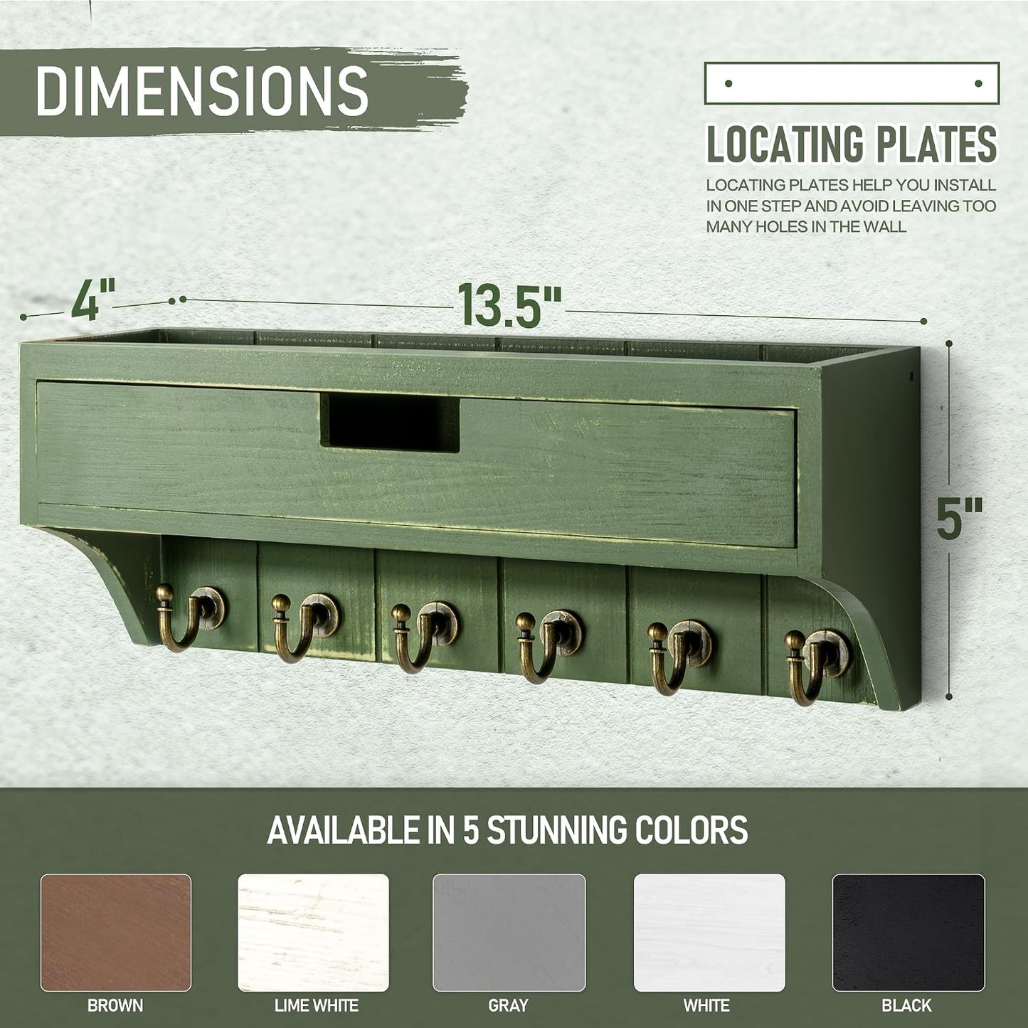 Pine Wood Key Holder Wall Mount / Green / 1-drawer