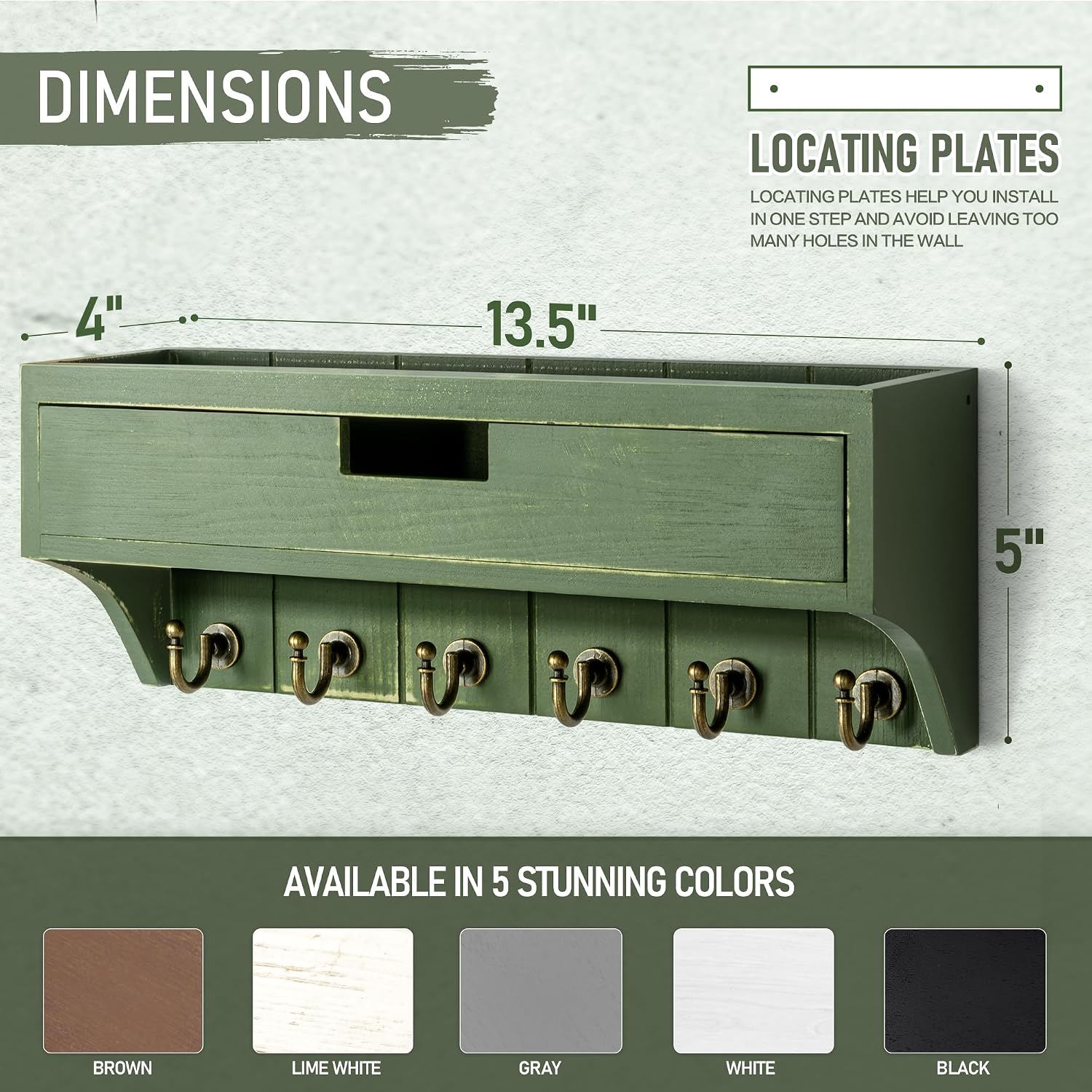 Pine Wood Key Holder Wall Mount / Green / 1-drawer