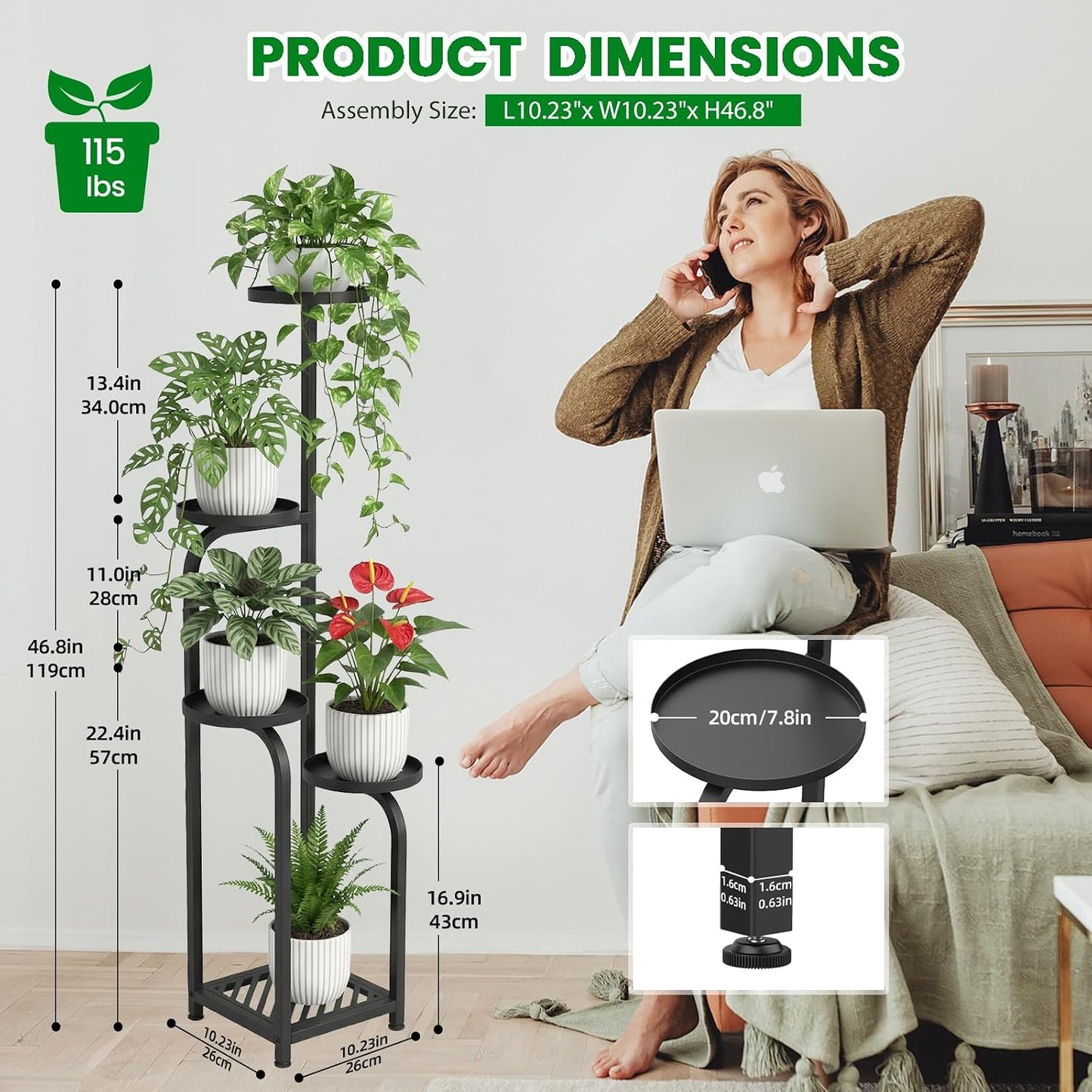 TOSKING 5-Tier Metal Plant Stand Indoor, Anti-Tip Corner Shelf, Black, 47in | Wide base and heavy-duty shelves hold