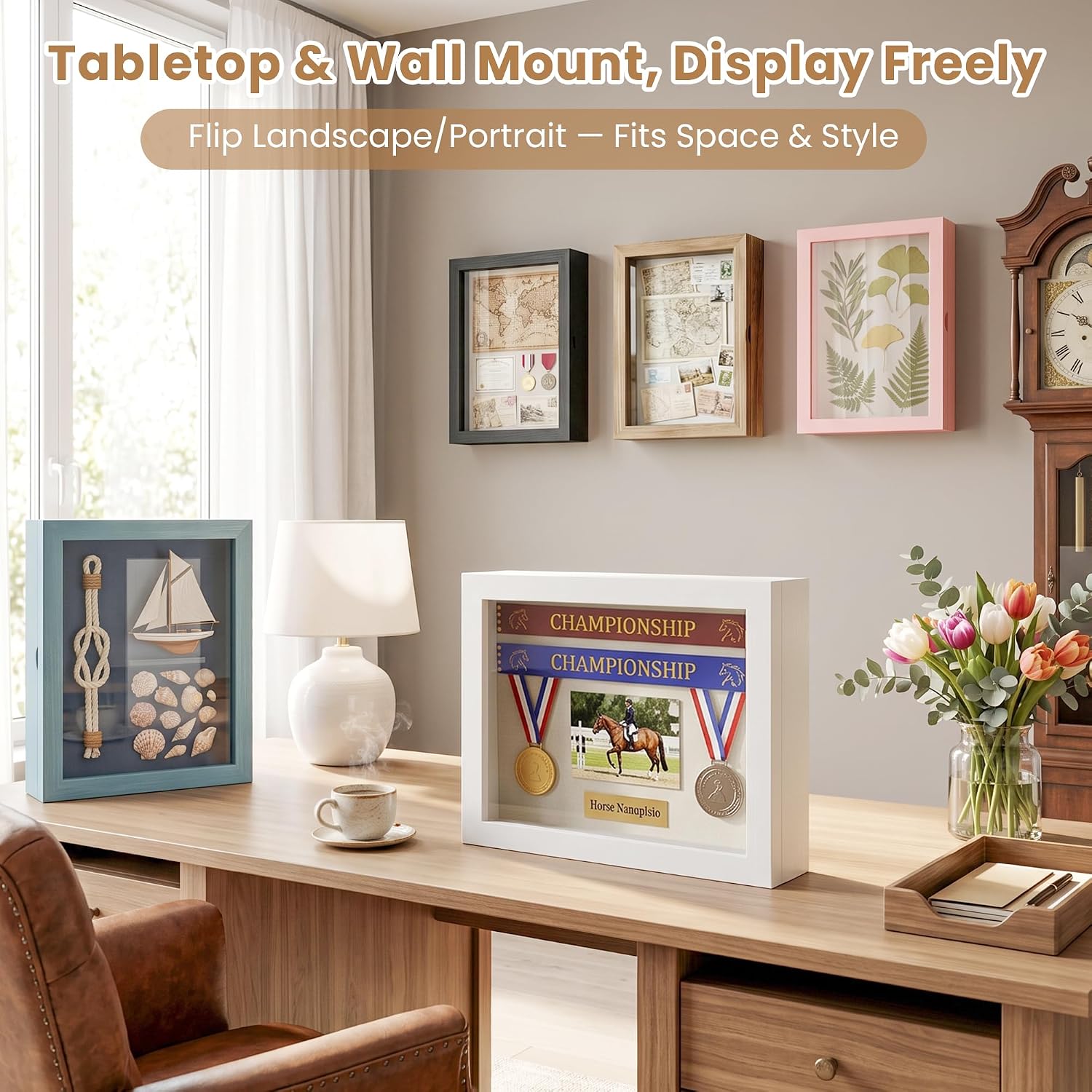 Love-KANKEI Deep Shadow Box 8x10,Solid Wood Frame,Memory Box,Rustic White | Front-Opening Glass Magnetic Door,Linen