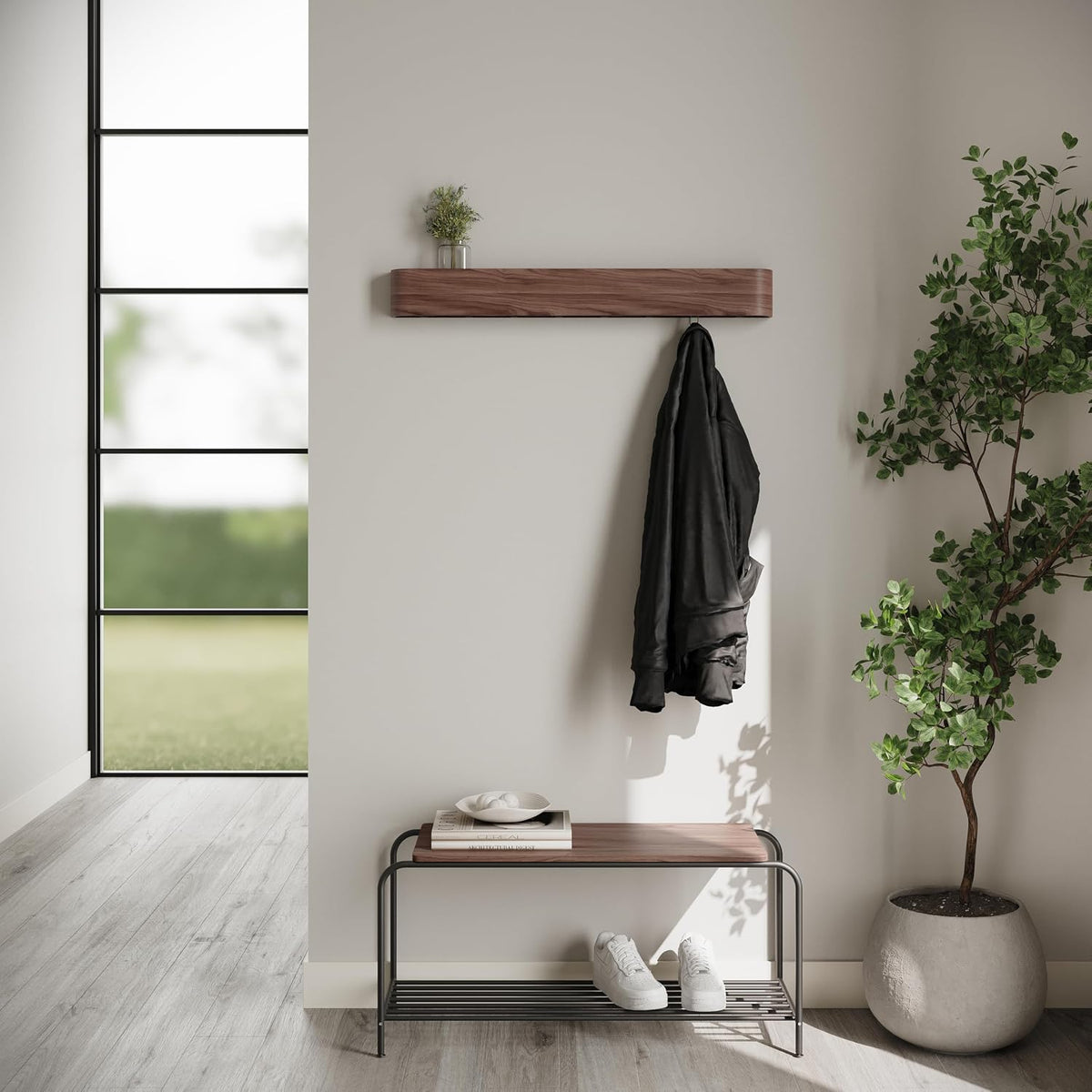 Kazai. Wall-Mounted Coat Rack 'Toke' - Modern Design with Hidden Wall Hooks - Solid Wood Veneer Panel Hanger - Walnut